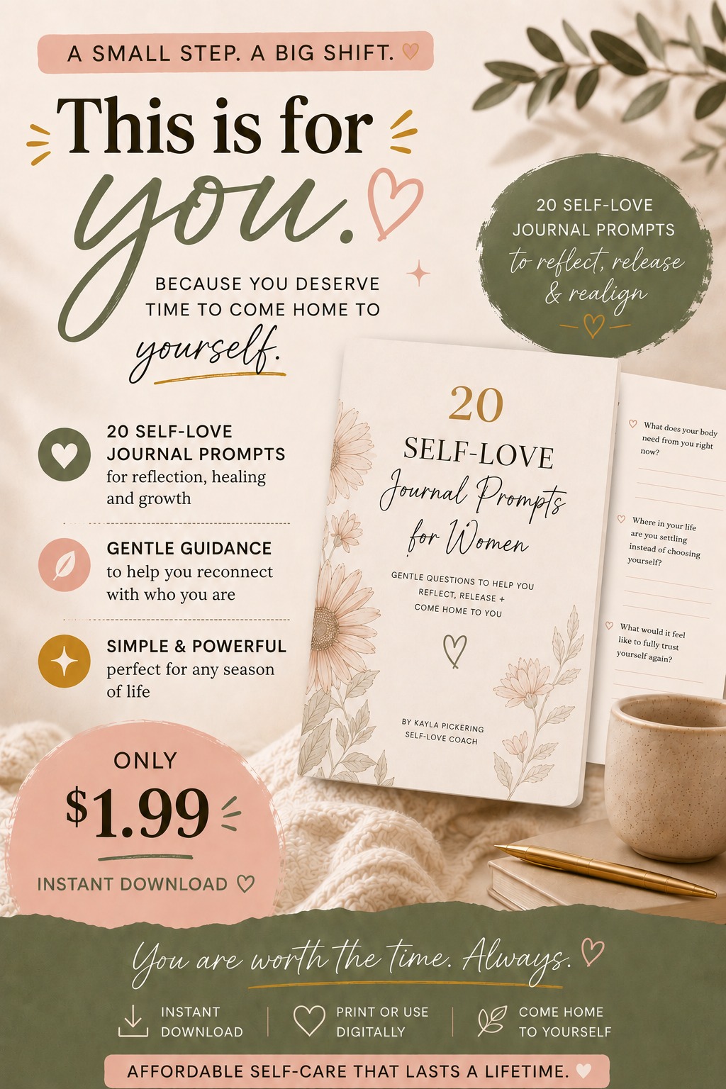20 Self-Love Journal Prompts printable guide by Fearless Sunflowers