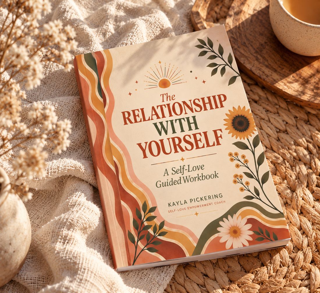 The Relationship With Yourself paperback lying on a linen throw beside a cup of tea and dried flowers